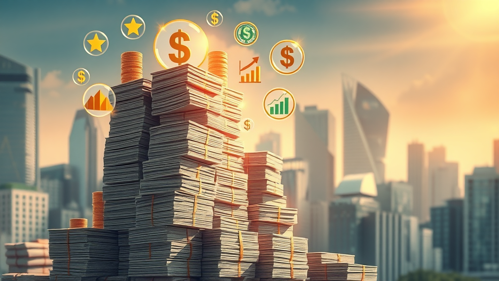 Abstract stacks of managed wealth with icons representing tax-saving strategies, trusts, IRAs, donations, animated currency symbols.