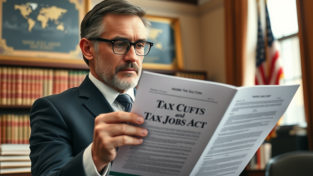 Tax law expert reviewing Tax Cuts and Jobs Act documents for impact on corporate tax plan