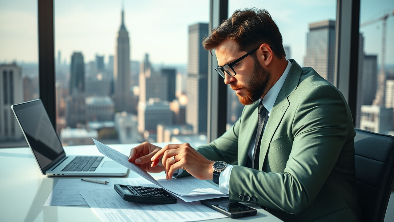 business tax strategies - professional business owner reviewing tax documents, focused expression, sitting at modern office desk with calculator and laptop, city skyline in background