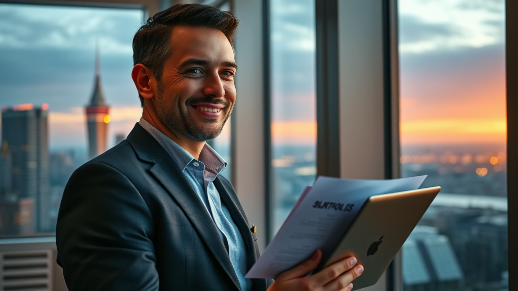 confident entrepreneur planning transformative business growth strategies for start-ups in a high-rise office