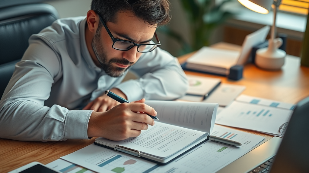 business development plan with professional writing on digital device with planning documents