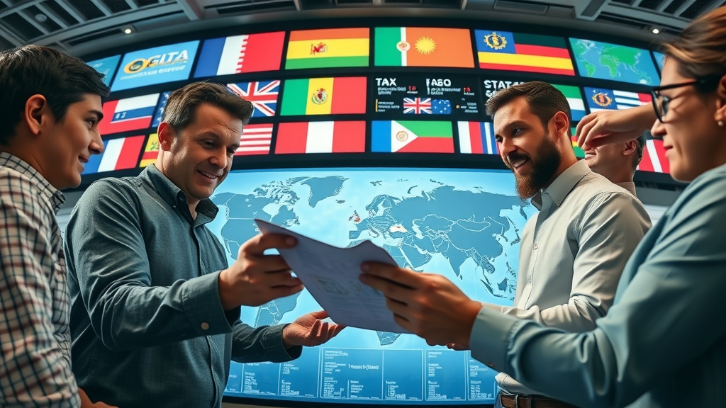 Global finance team discussing international tax law and double taxation strategies