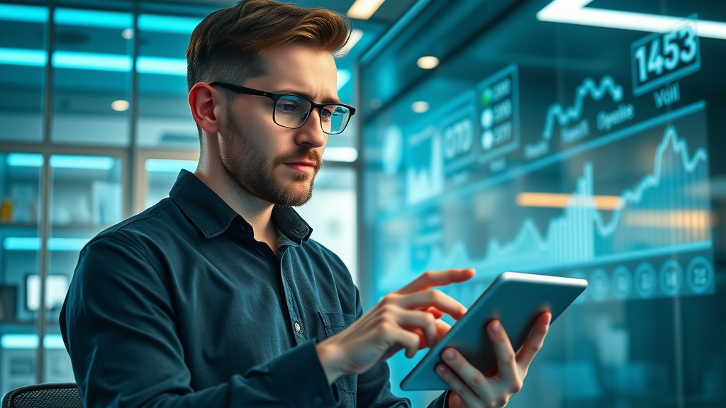 motivated startup founder researching growth strategies on digital tablet with futuristic analytics for business growth strategies for start-ups