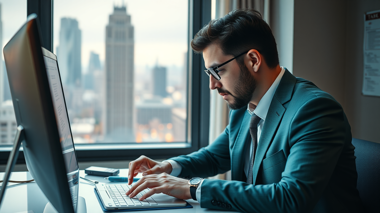 accountant reviewing tax deduction tools for high income earner with luxury apartment in background