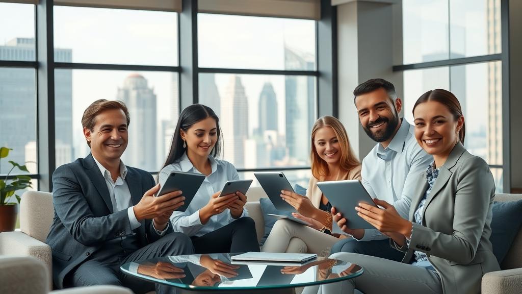 modern luxurious office interior with business professionals collaborating digitally in a virtual family office, city skyline view, tablets, laptops, cool neutral tones, soft daylight, highly detailed natural workflow and furniture