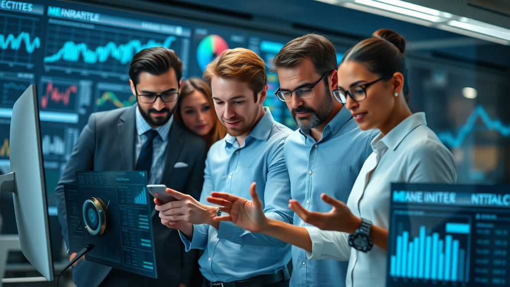 diverse team of virtual family office professionals collaborating on financial strategies in digital office, digital screens, sleek background, luminous monitor lighting, high detail