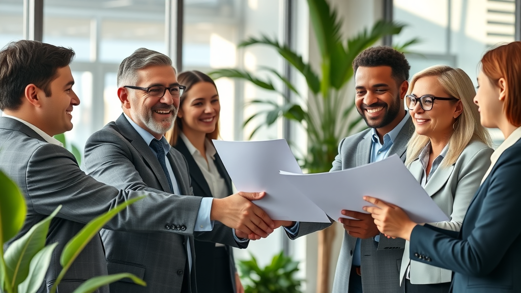 diverse business leaders collaborating with a growth strategy consulting service for sustainable success