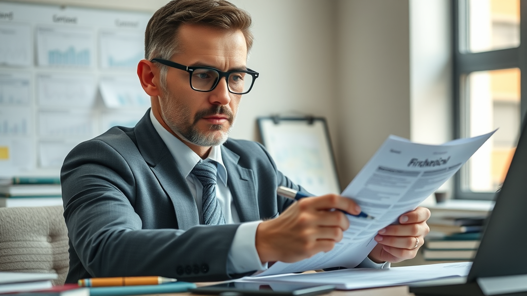 business owner tax savings reviewing financial documents at a well-organized office desk