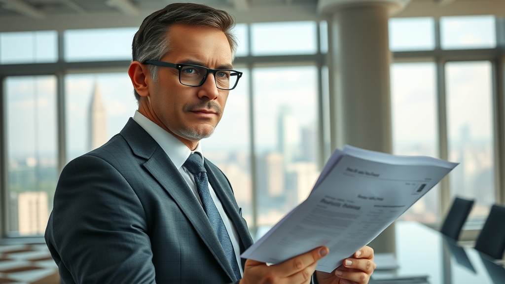 Confident CEO reviewing corporate tax optimization strategies in a modern boardroom, high-rise cityscape in background