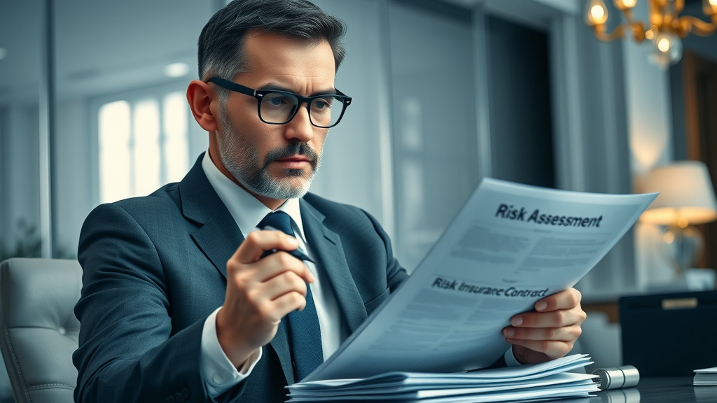 financial planning for growth: cautious business owner reviewing risk assessment documents and contracts in a professional office