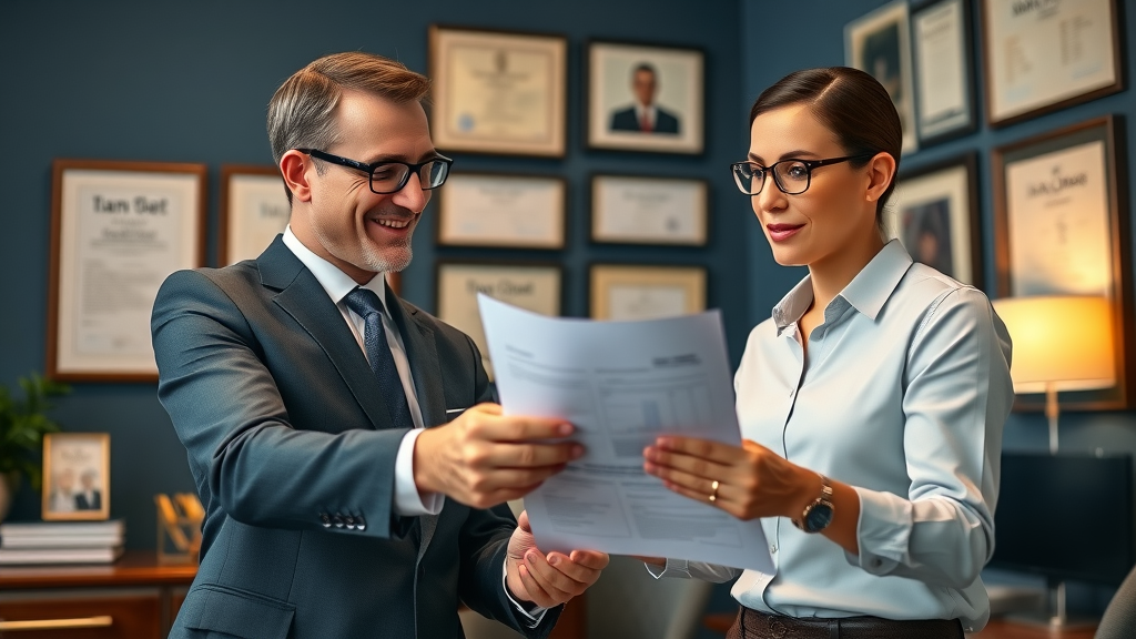 Confident tax professional and small business owner discuss business tax planning together in a classic office