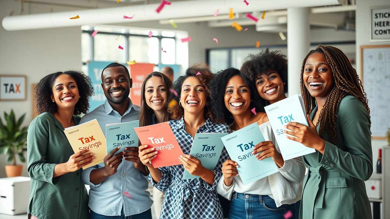 small business tax savings – diverse happy business team celebrating tax deductions in modern workspace