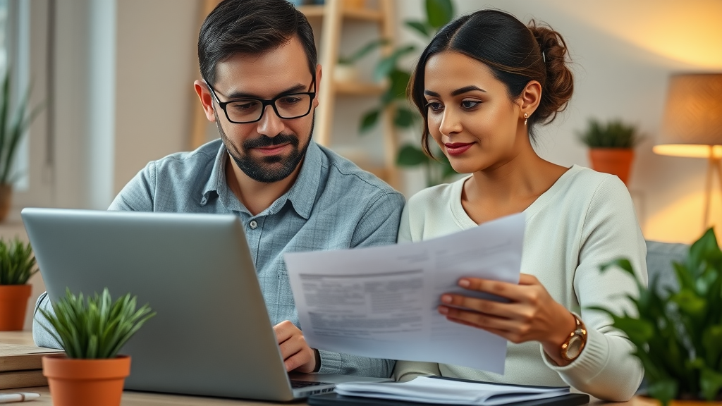 organized couple reviewing tax strategies with financial documents at a home office
