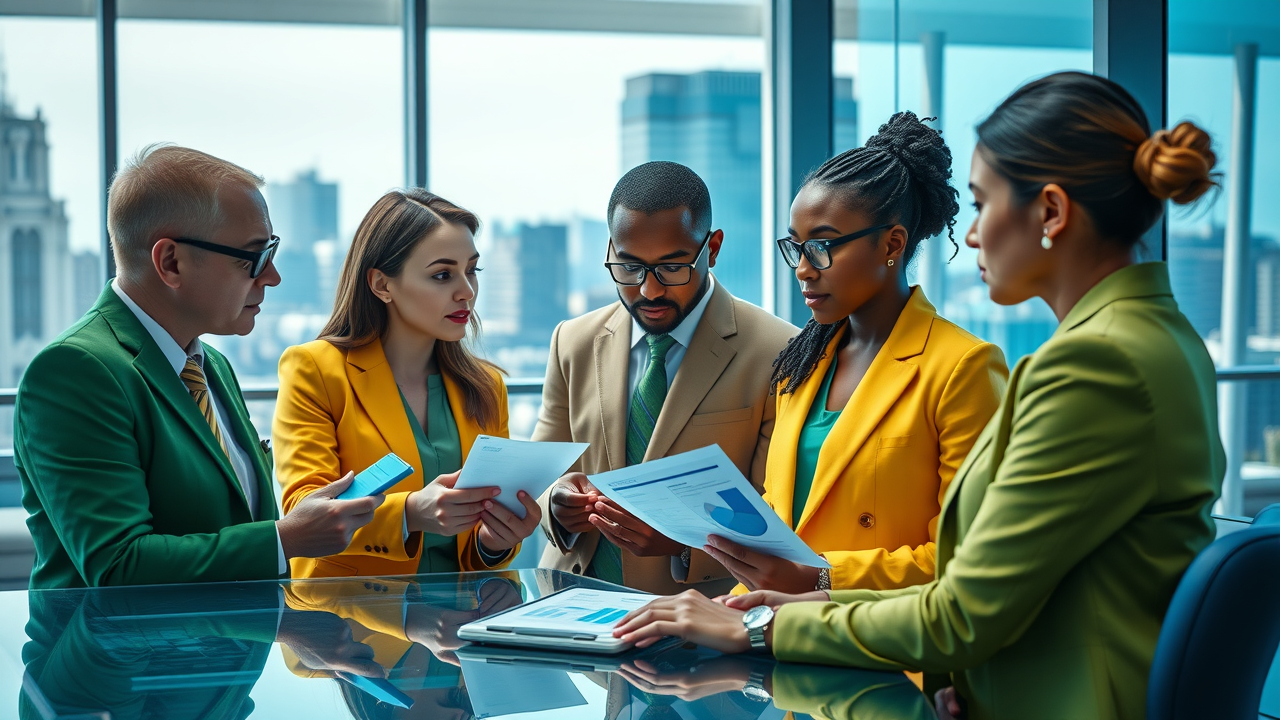 Professional team members discussing business planning and strategy development with digital data charts in a modern office, glass walls, and cityscape background.