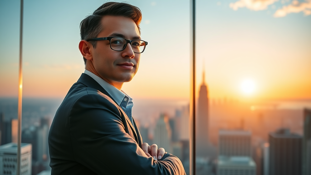 Motivated professional overlooking city sunrise, reflecting on business planning and strategy development success.