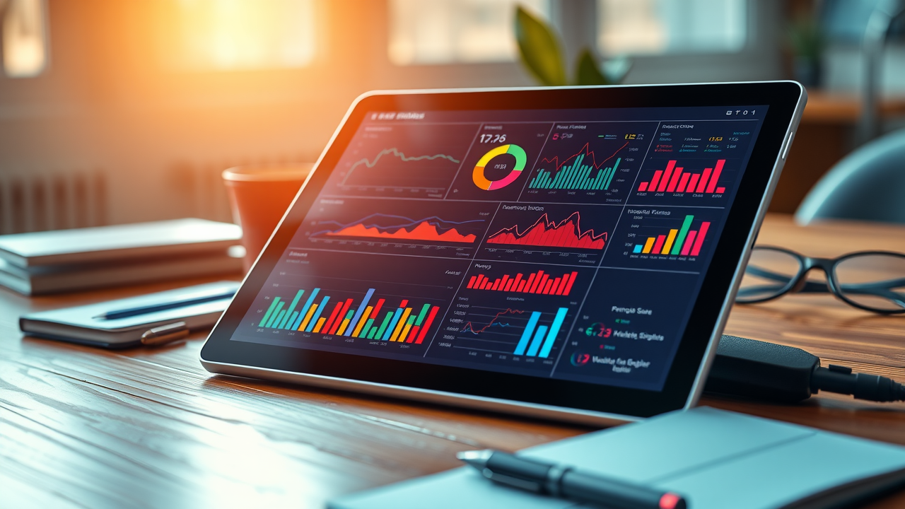 Digital tablet dashboard with KPIs and graphs monitoring business planning and strategy development success.