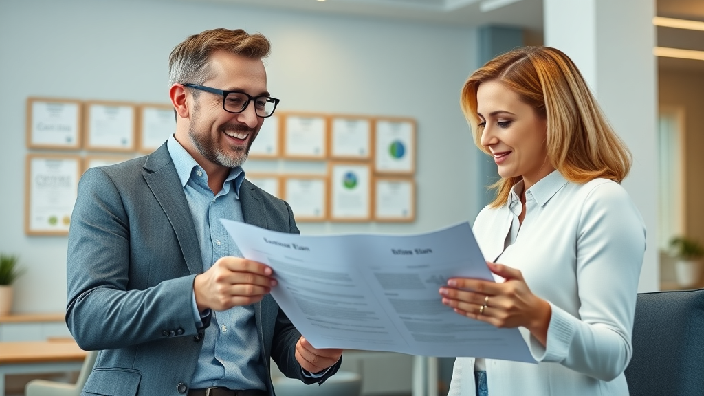 financial planner reviewing a completed estate plan with clients in a modern office