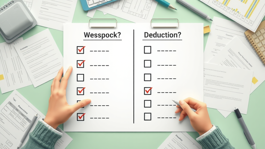 Comparative worksheet displaying itemized versus standard tax deductions checklist, tick marks, subtle tax form background.