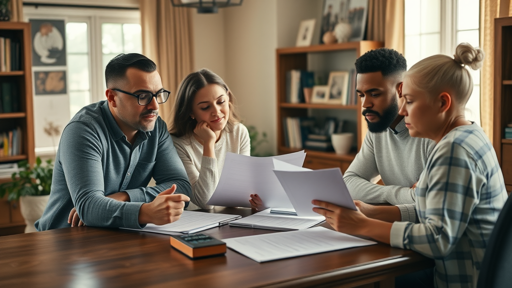 high income family reviewing tax plan and financial plan documents in home office