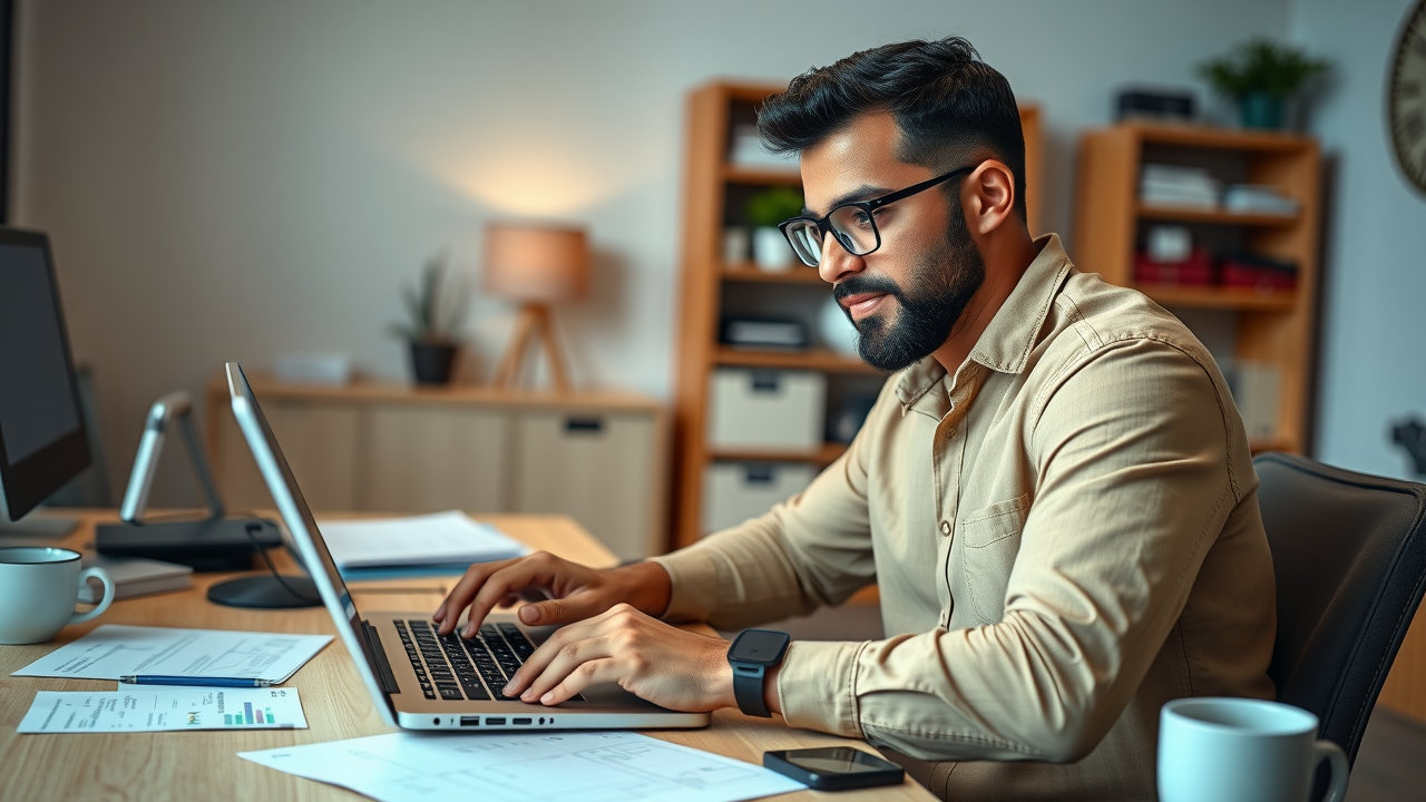 small business tax return filing online, business owner using laptop for electronic tax return with organized paperwork