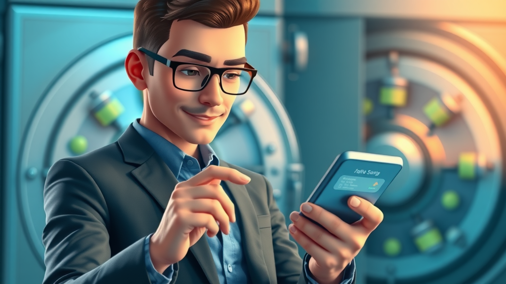 Wealthy individual reviewing high-yield savings account options on a digital interface, bank vault in the background, animated money icons.