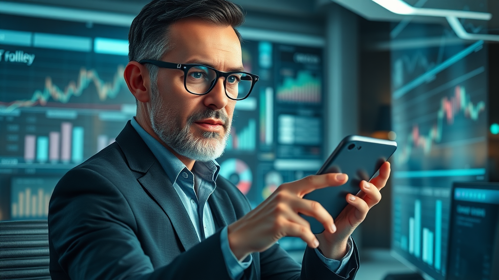 Financial planning for growth: inspired entrepreneur analyzing AR-based financial projections for 2024, modern technological office