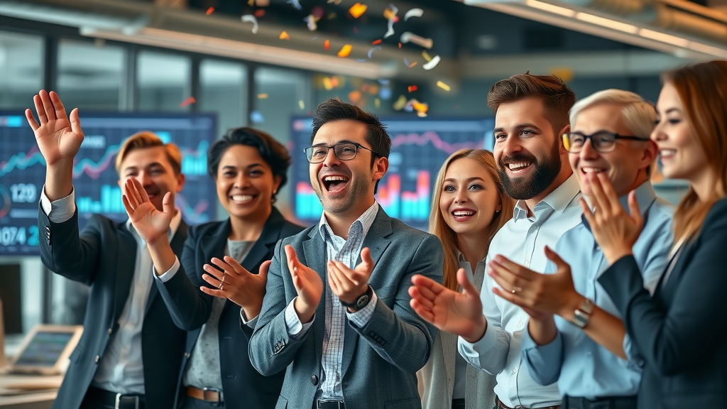 Business team celebrating results of business growth consulting with success metrics