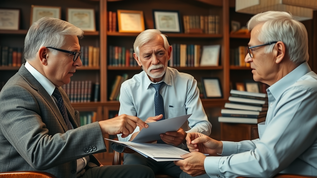 exit &amp; windfall tax mitigation estate planning attorney discussing strategies with senior clients in a professional office