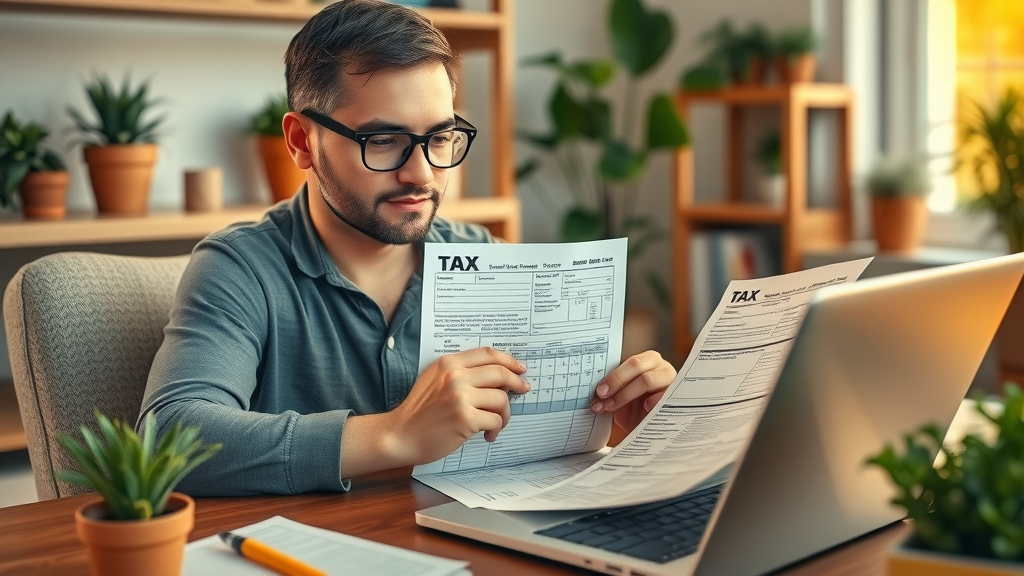 tax deduction for small business – person reviewing deductions at home office with laptop and paperwork