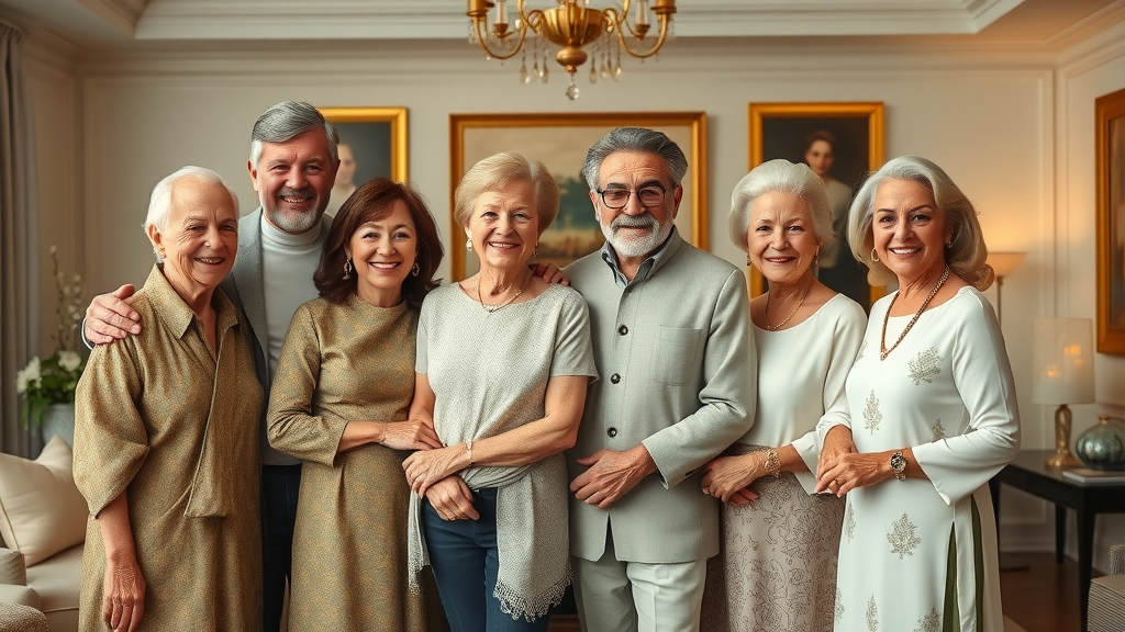 multi-generational family portrait in upscale home, representing family members benefiting from a virtual family office, luxury living room, warm tones, highly detailed and natural