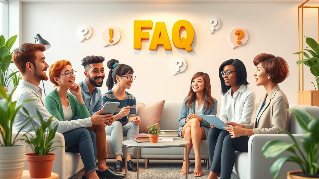 Diverse group of professionals animatedly discussing tax planning FAQs, modern office, chat bubbles, question icons.