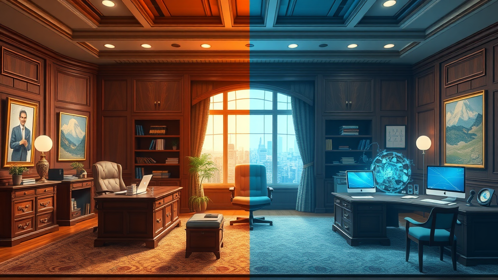 evolutionary timeline visualization of virtual family office development, from classic mahogany offices to digital workspaces with tech, visually split, highly detailed transitions, movement and blending colors