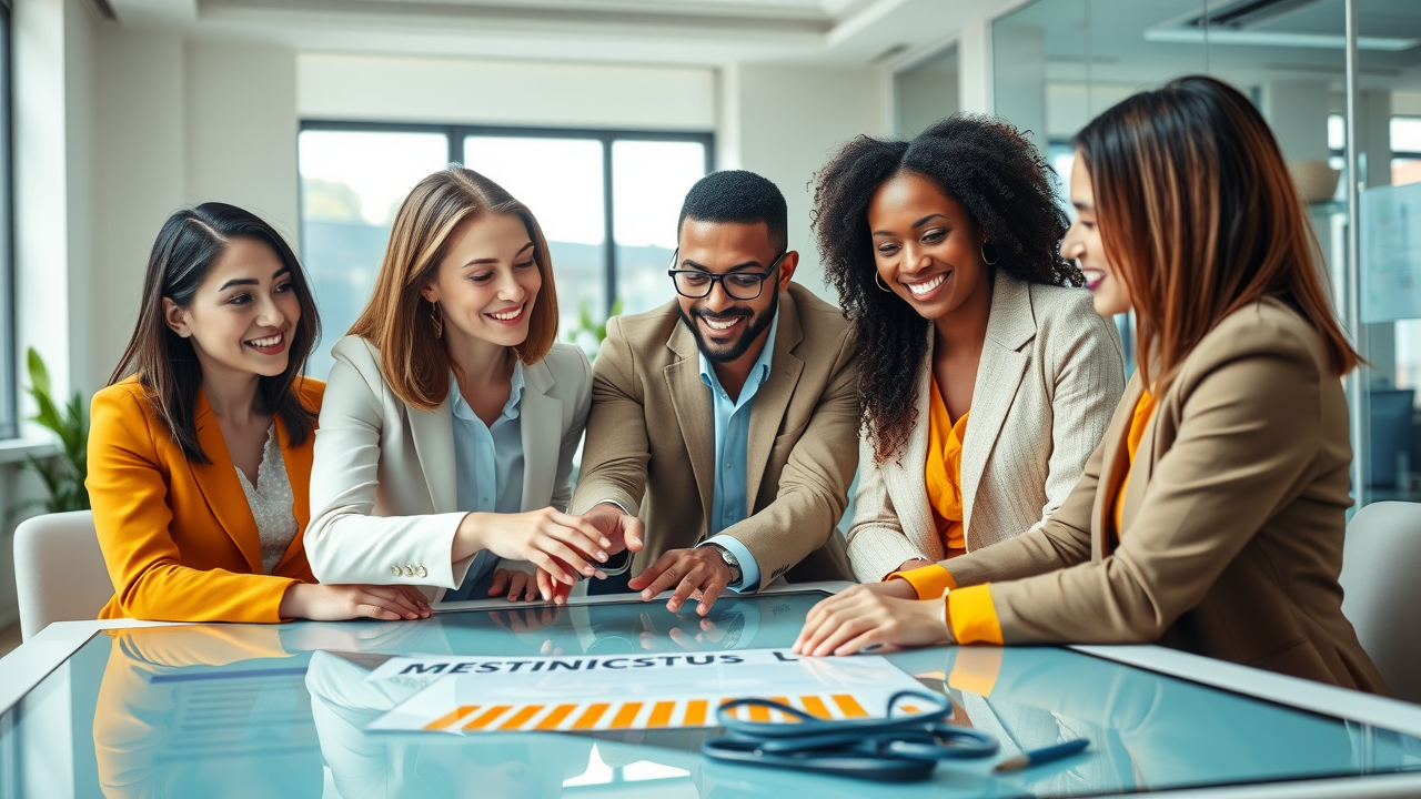 business development and strategy professionals collaborating at a digital table in modern office