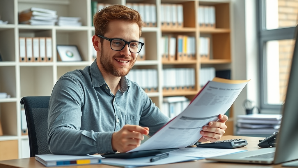 small business tax tips – small business owner reviewing paperwork for tax savings at tidy modern office desk