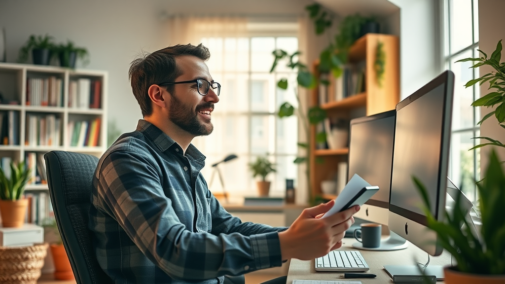 small business owner tax savings with entrepreneur in bright home office working at dual monitors