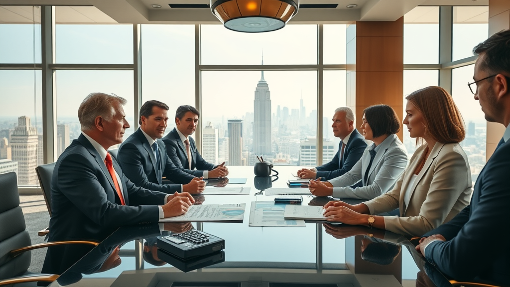 Tax planning for high net worth individuals: Prestigious boardroom with confident professionals discussing tax plans, city skyline, natural sunlight, high fidelity.