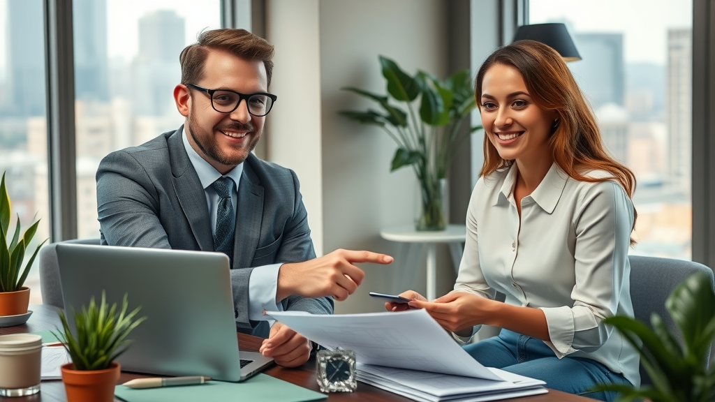Confident accountant advising small business owners on tax planning on a laptop in a modern office