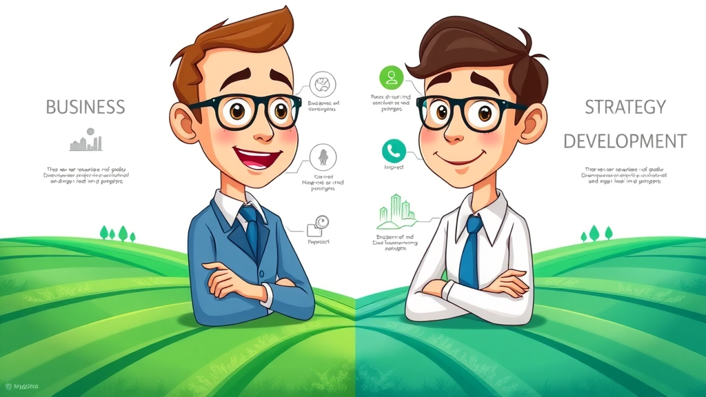 Infographic differentiating business development and strategy development for business planning and strategy development.