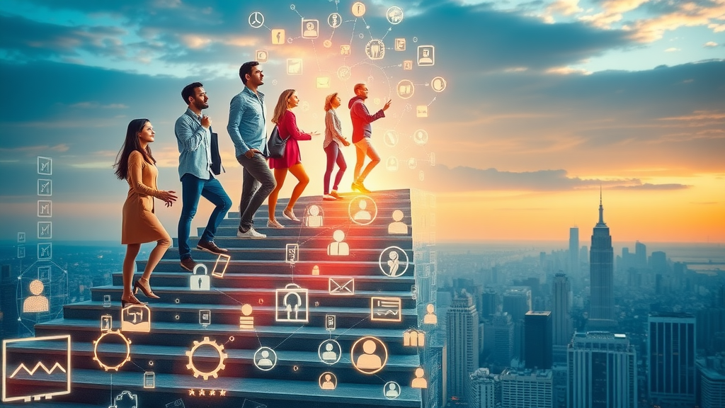 team following business development process ascending stairs made of business icons