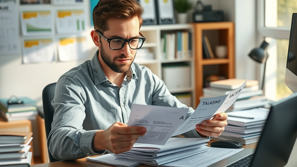 individual organizing receipts for tax strategies and deductions in a tidy home office