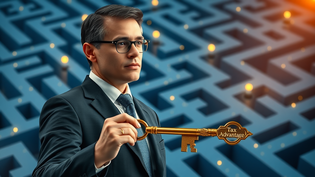 Businessperson navigating a financial maze with a golden key representing tax advantage, intricate blue and gold labyrinth.