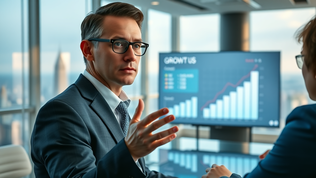 focused business growth strategy consultant presenting growth charts to an executive team