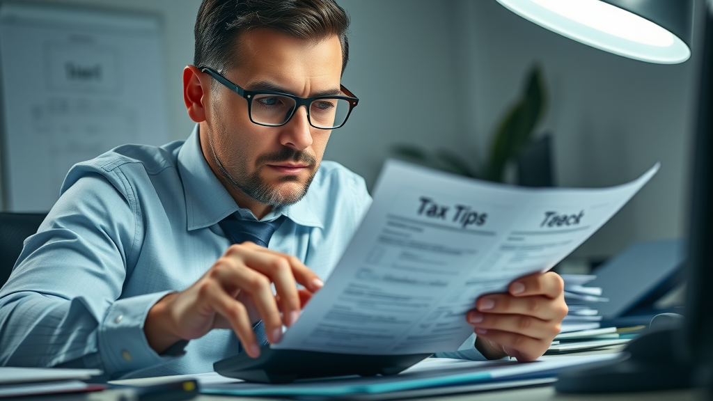 focused accountant reviewing tax tips checklist and financial documents for small business tax savings