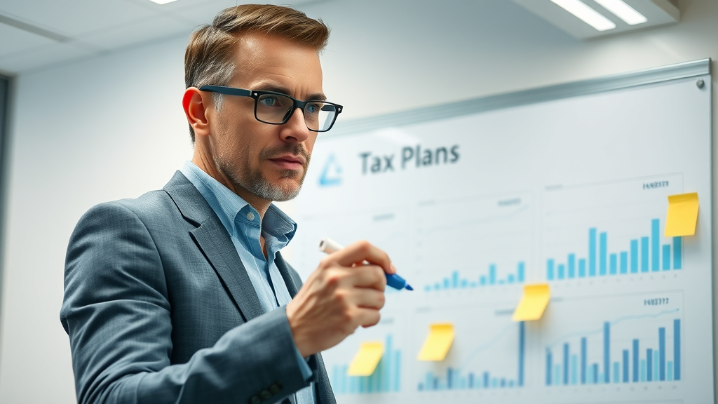 Analytical small business owner mapping out a business tax plan on a whiteboard with financial graphs