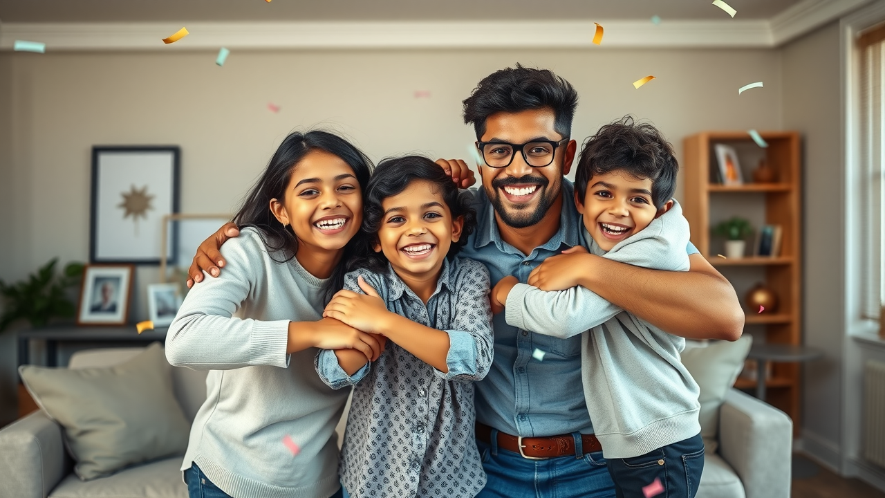 exit &amp; windfall tax mitigation optimistic family celebrating financial success holding investment charts and real estate documents