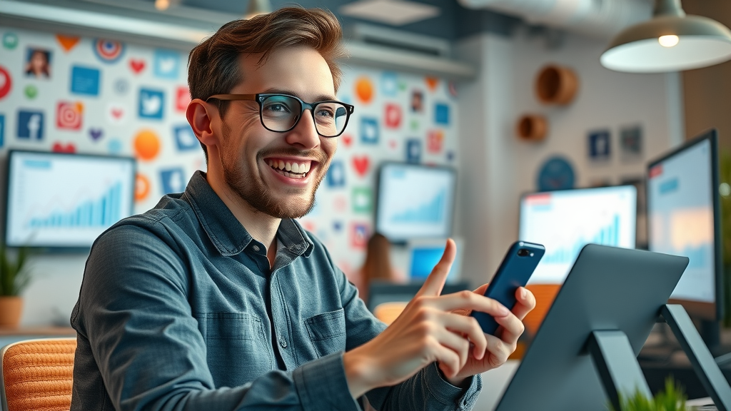 Marketer using social media and digital marketing in business growth strategies for entrepreneurs, coworking space