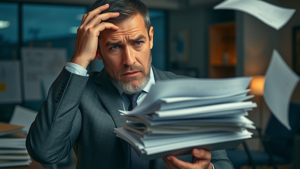 Worried business owner making costly business tax planning mistakes with a stack of tax documents in office