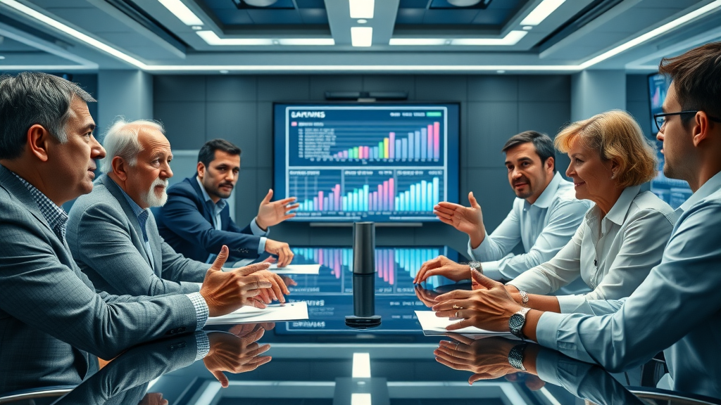 family office team meeting around table, discussing generational wealth strategies, digital displays, modern boardroom, dynamic interaction, highly detailed digital projections