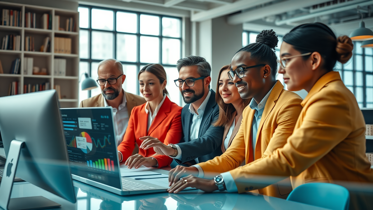 high-performing business development team reviewing digital performance indicators dashboards