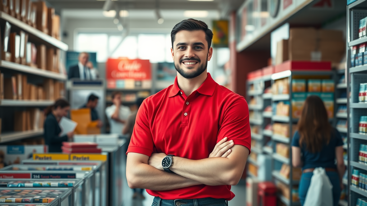 Small business owner in a busy retail environment demonstrating business growth energy